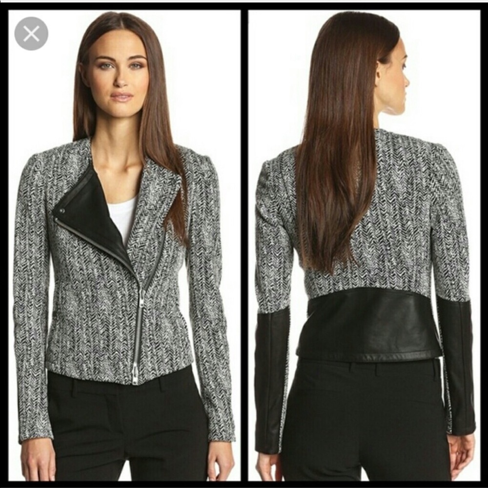 Theory Joean Jacket Herringbone Leather Moto 6 - Gem